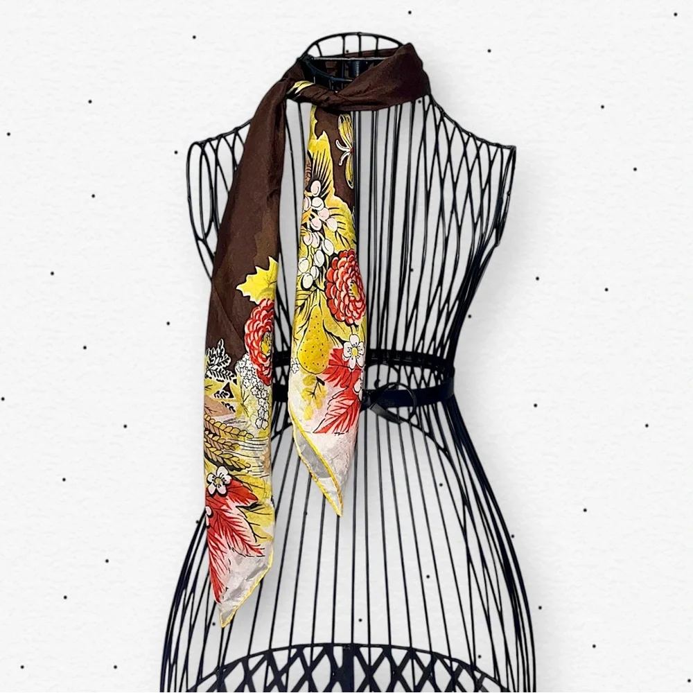 Luxury Floral Silk Scarf in Brown, Yellow & Red - Unbranded